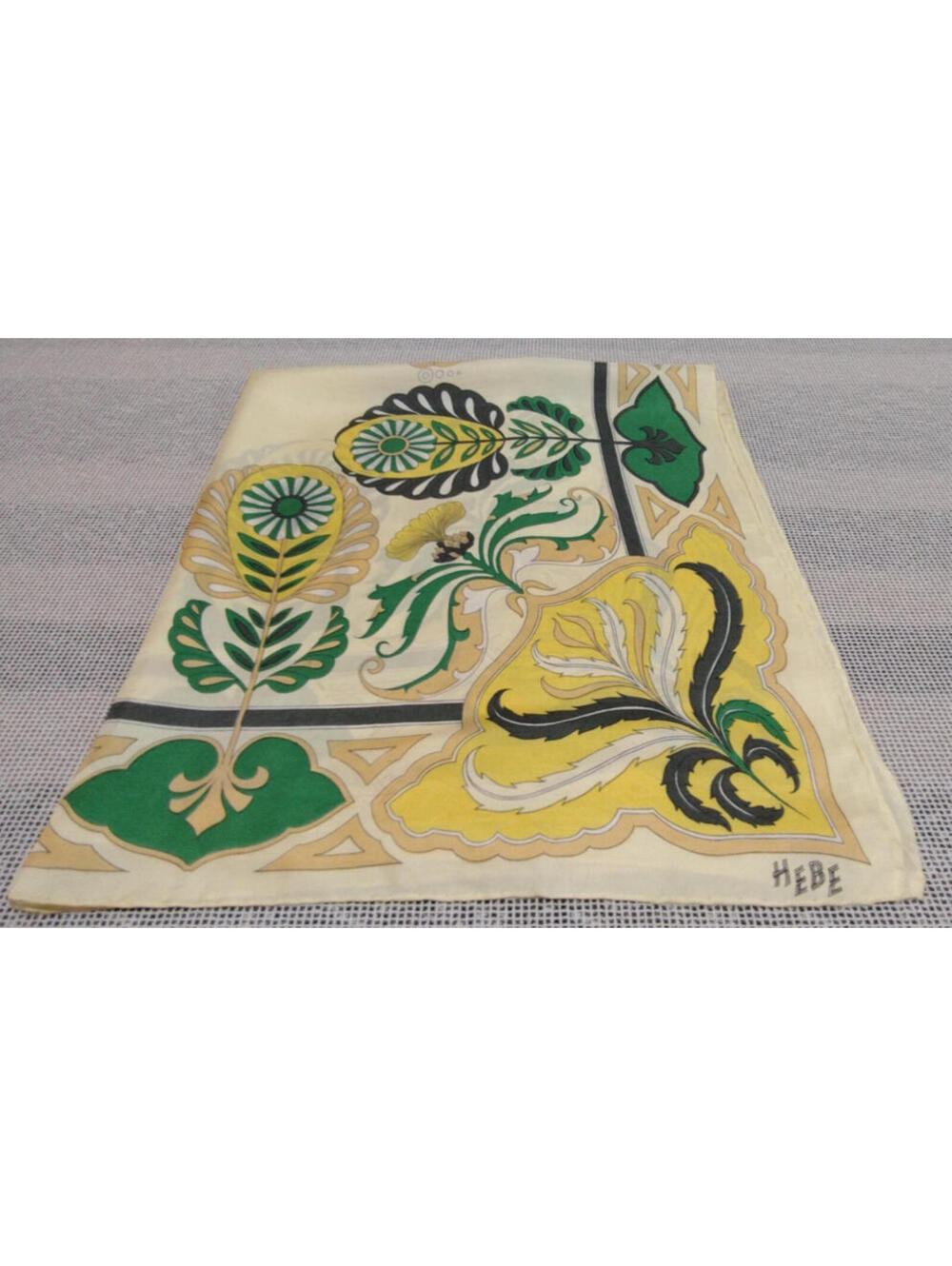 1950s HEBE Vintage Silk Scarf Psychedelic Rockabilly Colors Yellow Green Cream